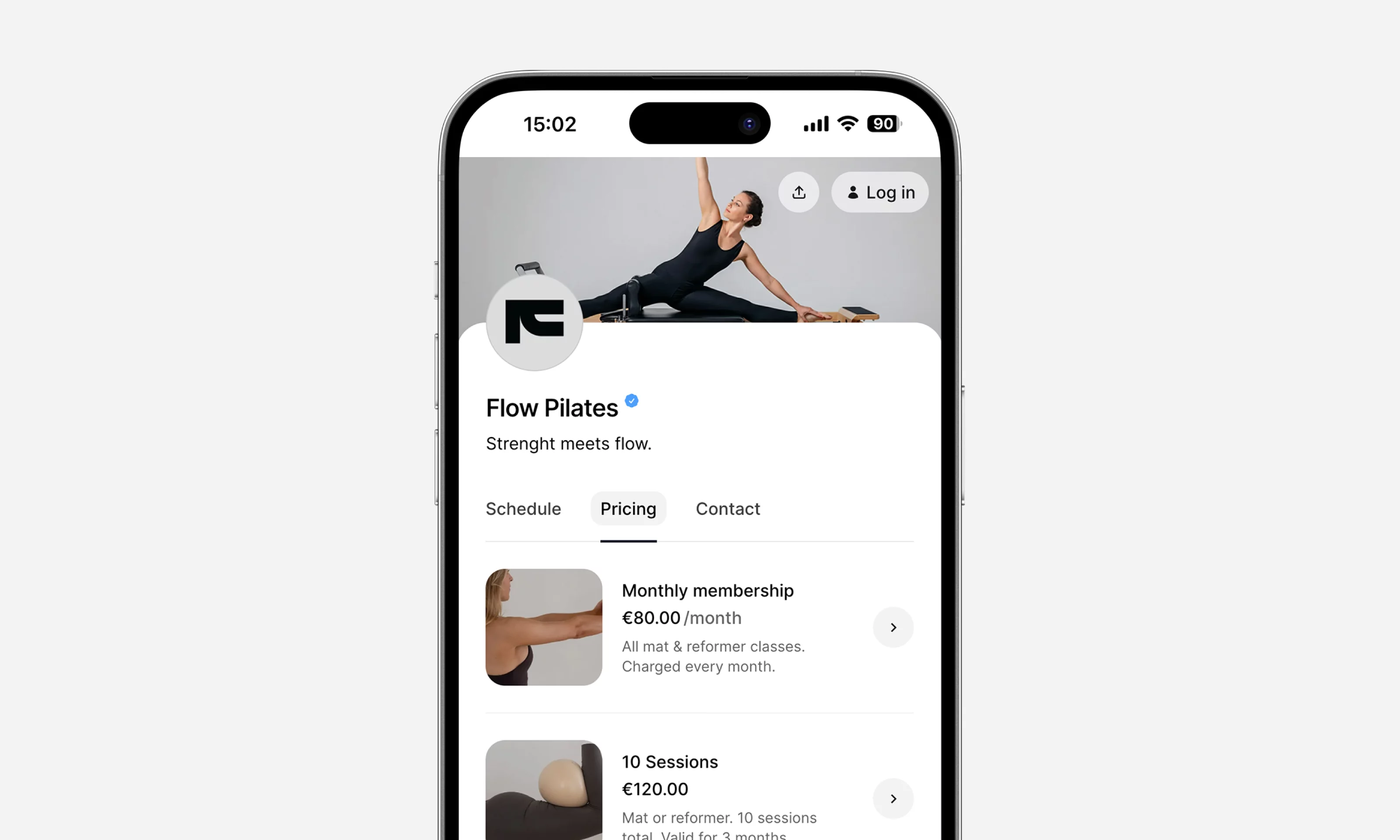Mobile view of a Pilates studio’s online pricing page via time2book, showing options like a monthly membership for €80 and a 10-session pack for €120.